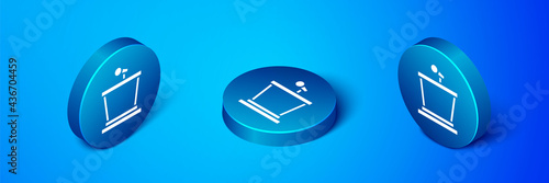 Isometric Stage stand or debate podium rostrum icon isolated on blue background. Conference speech tribune. Blue circle button. Vector