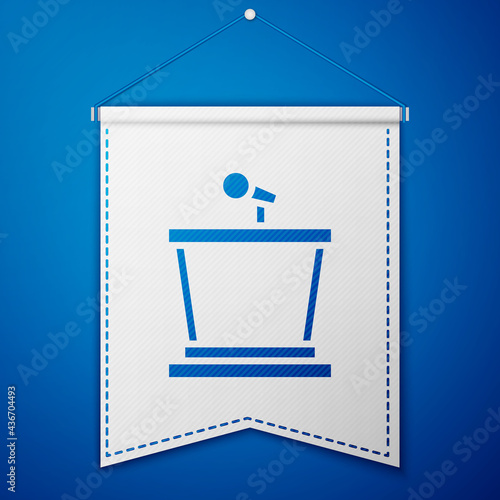 Blue Stage stand or debate podium rostrum icon isolated on blue background. Conference speech tribune. White pennant template. Vector
