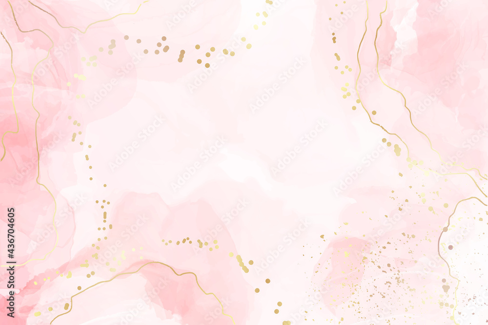 Abstract pink liquid watercolor background with golden dots and lines. Pastel rose marble alcohol ink drawing effect with gold foil. Vector illustration design template for wedding invitation