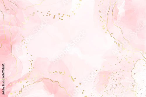 Abstract pink liquid watercolor background with golden dots and lines. Pastel rose marble alcohol ink drawing effect with gold foil. Vector illustration design template for wedding invitation