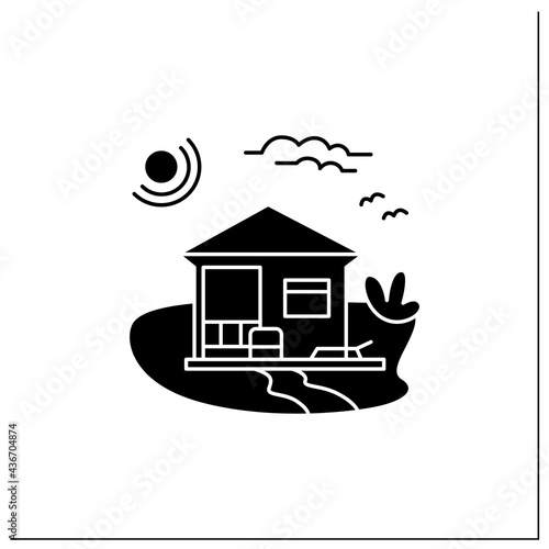 Beach hut glyph icon. Modern facade comfortable house on beach. Perfect relax place. Seascape. Rest concept. Filled flat sign. Isolated silhouette vector illustration