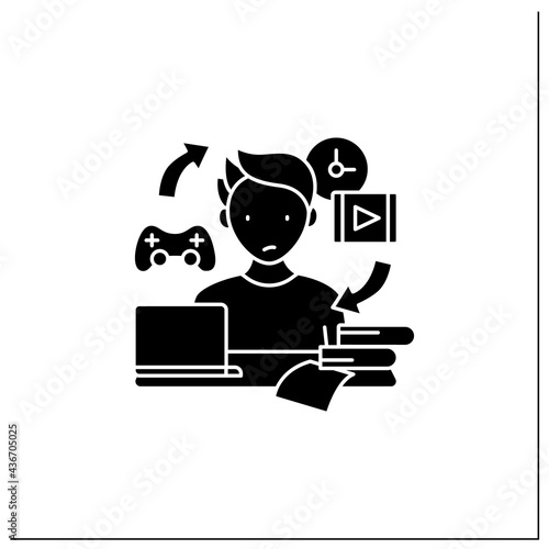 Procrastination habit glyph icon. Routine procrastinating process. Day plan. Daily habits. Overload concept. Filled flat sign. Isolated silhouette vector illustration