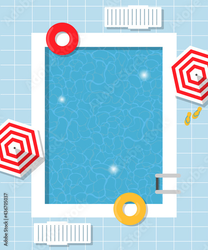 Swimming pool with beach umbrella, chaise longue and floats. Top view. Vector holiday illustration for banner, flyer, invitation and poster.