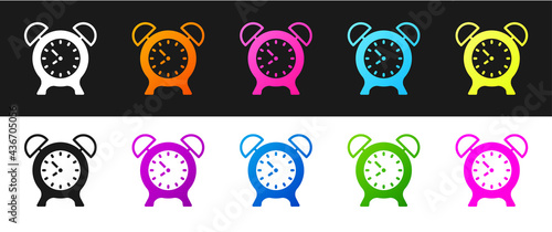 Set Alarm clock icon isolated on black and white background. Wake up, get up concept. Time sign. Vector