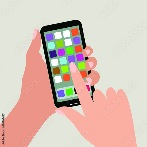 Smartphone in hand. Human hand is holding device with active screen - the screen is filled with abstract application icons. Vector illustration of phone in modern style.