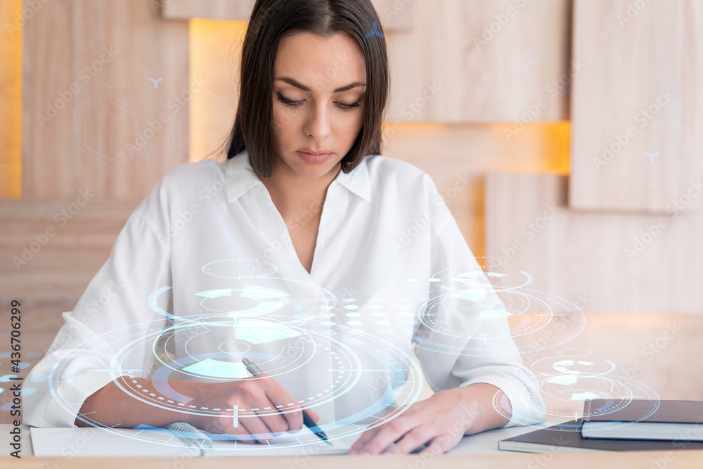 Portrait of attractive businesswoman in formal wear working with documents and thinking how to optimize business process by applying new technologies. Hi tech holograms over modern office background Portrait of attractive businesswoman in formal wear working with documents and thinking how to optimize business process by applying new technologies. Hi tech holograms over modern office background