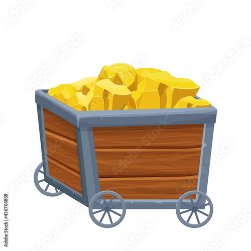 Wooden Mine cart, trolley with gold ore in cartoon style isolated on white background. Game asset,ui. Fortune concept. . Vector illustration