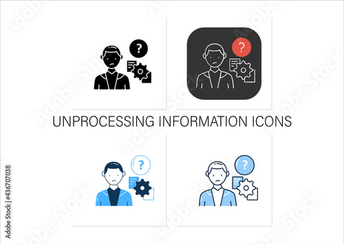 Unprocessing information icons set. Method lack for processing different information kinds.Collection of icons in linear, filled, color styles. Isolated vector illustrations