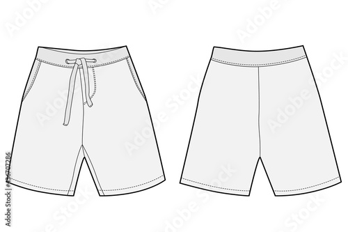 Technical sketch sport shorts pants design. Boy clothes template. Casual style. CAD mockup.