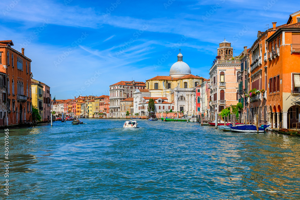 Grand Canal with gondola in Venice, Italy. Architecture and landmarks of Venice. Venice postcard