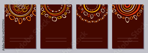 Set of flyers, posters, banners, placards, brochure design templates A6 size with stylized sun, tribal ornaments of red, yellow, brown, beige colors. Card templates. Australian, Aboriginal art.