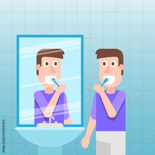 Personaje cepillándose los dientes frente a un espejo en el baño. photo