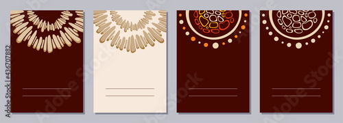 Set of flyers, posters, banners, placards, brochure design templates A6 size with stylized sun, stylized stones, tribal ornaments of red, yellow, brown, beige colors. Card templates. Aboriginal art.