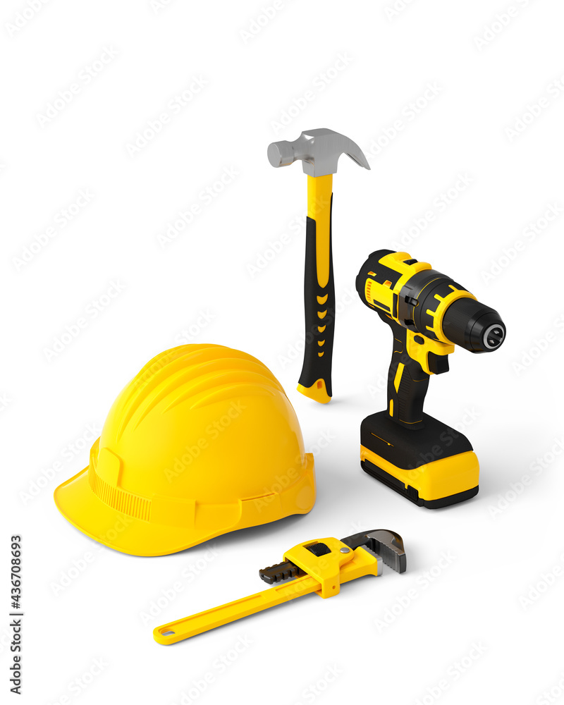 Isometric view of yellow construction tools for repair on white