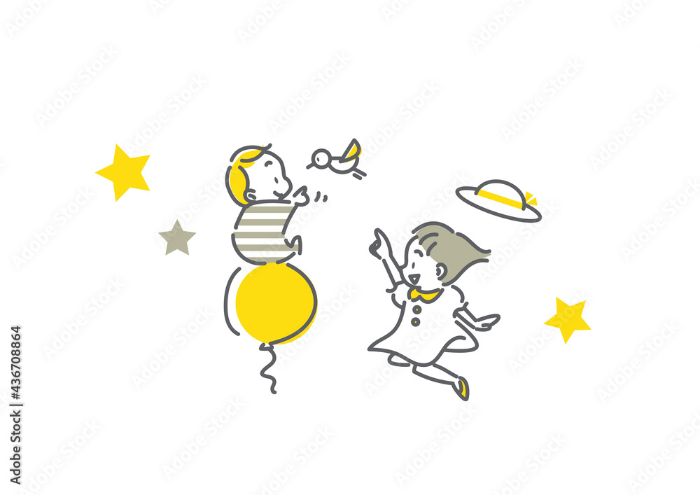 ふんわり空に浮かぶ赤ちゃんと女の子のシンプルな線画イラスト Stock Illustration Adobe Stock ふんわり空に浮かぶ赤ちゃんと女の子のシンプルな線画イラスト Stock Illustration Adobe Stock
