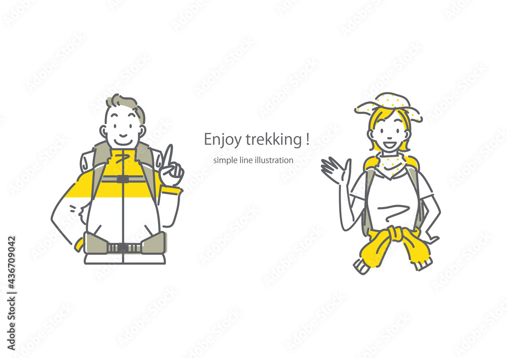 トレッキング装備の若い女性と男性　シンプルでお洒落な線画イラスト