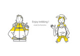 トレッキング装備の若い女性と男性　シンプルでお洒落な線画イラスト