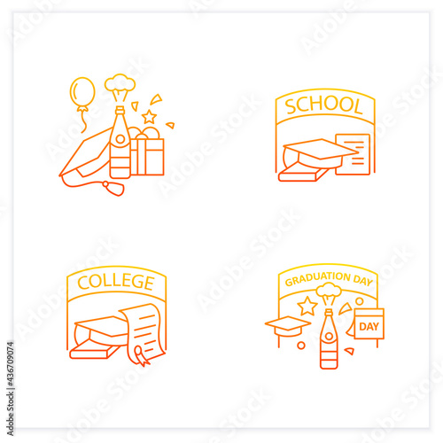 Graduation gradient icons set. School, college, university graduation. Studying concept. Isolated vector illustrations.Suitable to banners, mobile apps and presentation