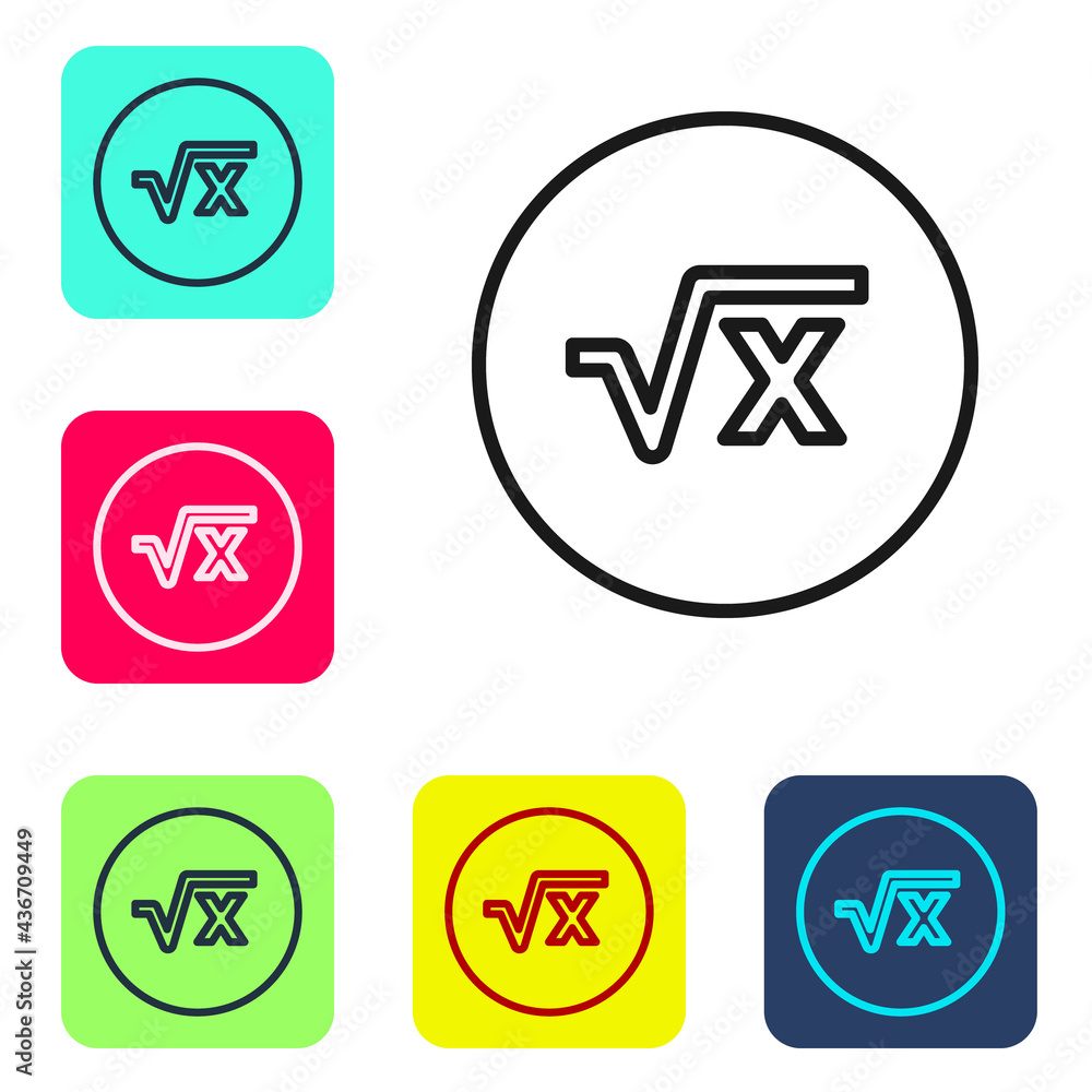 Black line Square root of x glyph icon isolated on white background. Mathematical expression. Set icons in color square buttons. Vector Black line Square root of x glyph icon isolated on white background. Mathematical expression. Set icons in color square buttons. Vector