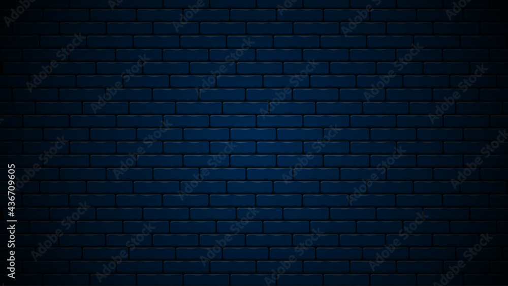 Dark blue nightly realistic brick wall. Navy blue brick background design. Vector illustration.