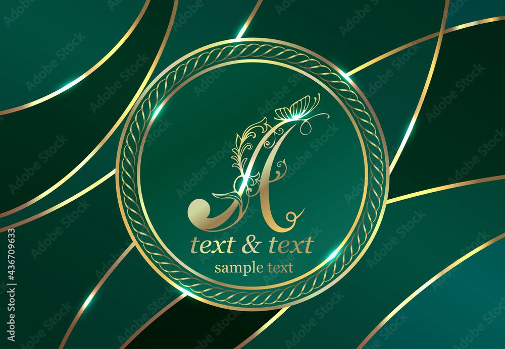 Luxurious vintage background. Exclusive design of labels, badges, frames, logo, packaging. Gold monogram ornament on a green background. Calligraphic letter A. Great for
perfumery, soap, lotions. Can  - obrazy, fototapety, plakaty 