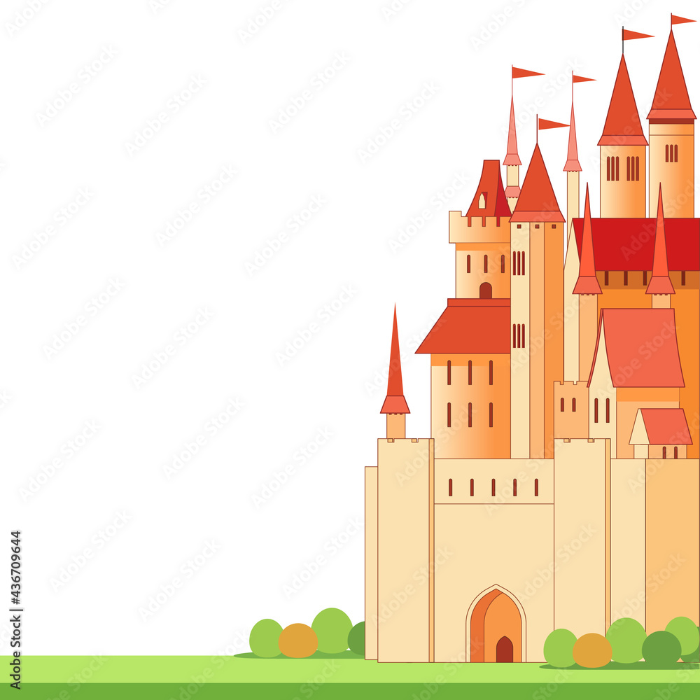 Big red fairy castle with white background place for text. Cartoon vector illustration