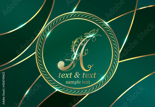 Luxurious vintage background. Exclusive design of labels, badges, frames, logo, packaging. Gold monogram ornament on a green background. Calligraphic letter A. Great for perfumery, soap, lotions. Can 