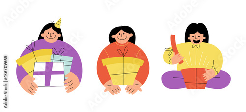 Happy funny girls receiving and giving presents. Flat modern illustration for birthday party or discounts sale promotion banner.