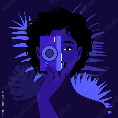 An African woman photographer holds a photo camera and takes a picture. Tourist and blogger in the night forest. Vector flat illustration
