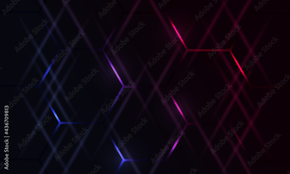 Dark hexagonal gaming abstract vector background with blue and pink colored bright flashes. Futuristic technology cyber game and esports hexagon background.