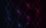 Dark hexagonal gaming abstract vector background with blue and pink colored bright flashes. Futuristic technology cyber game and esports hexagon background.