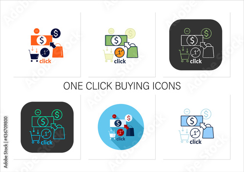 One click buying icons set. Disable internet shopping. Saving money. Ban online purchases.Mindful spending concept.Collection of icons in linear, filled, color styles.Isolated vector illustrations