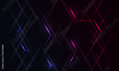 Dark hexagonal gaming abstract vector background with blue and pink colored bright flashes. Futuristic technology cyber game and esports hexagon background.