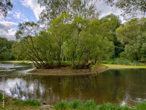 Landscape view of a green park with pond