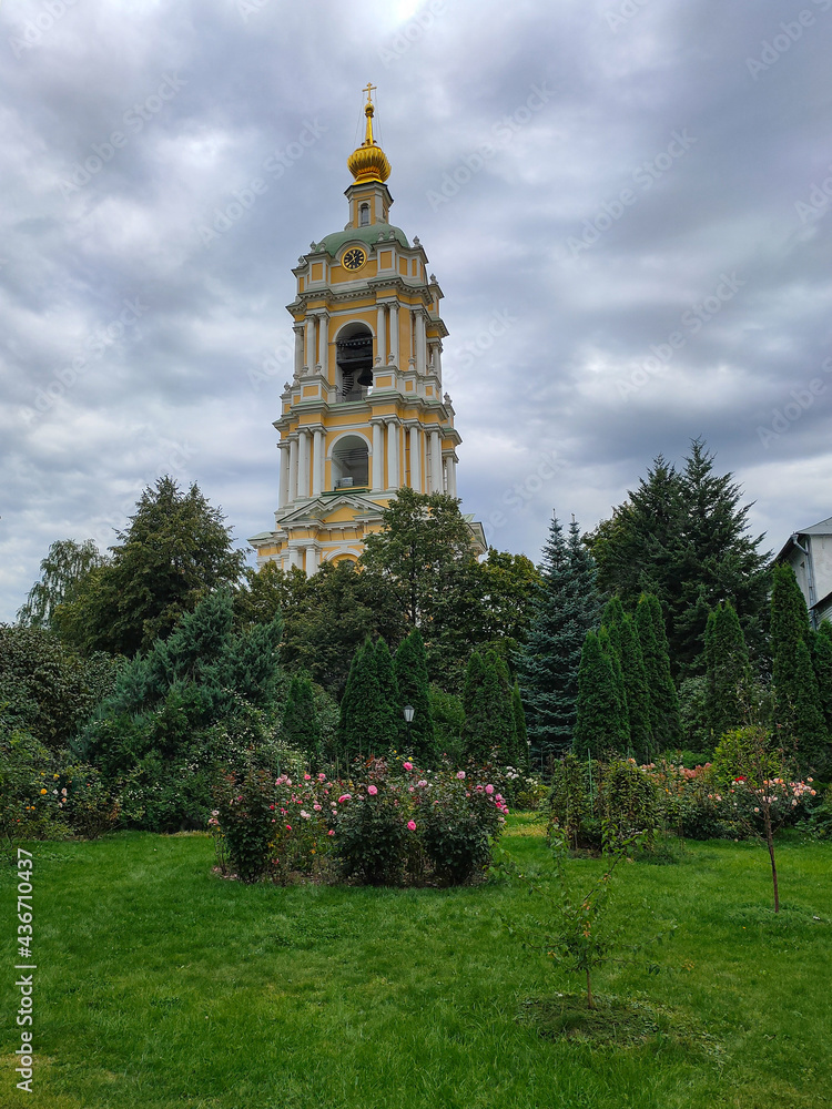 View to garden and belltower of the Novospassky monastery