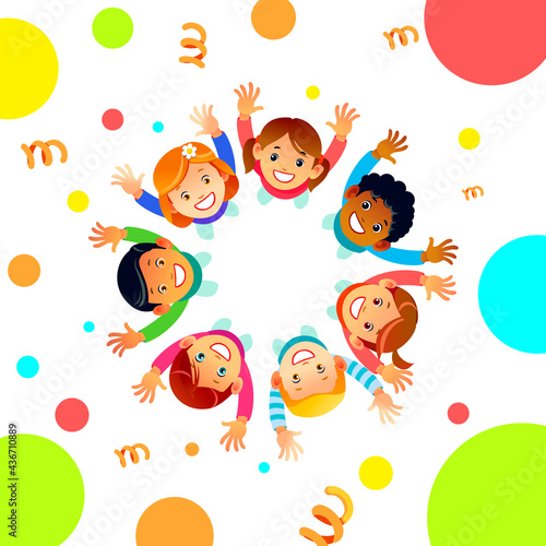 Happy Friendship Day greeting card illustration of diverse children group circle lifting hands above from top view angle. Friend love concept for special event celebration. Cartoon vector illustration