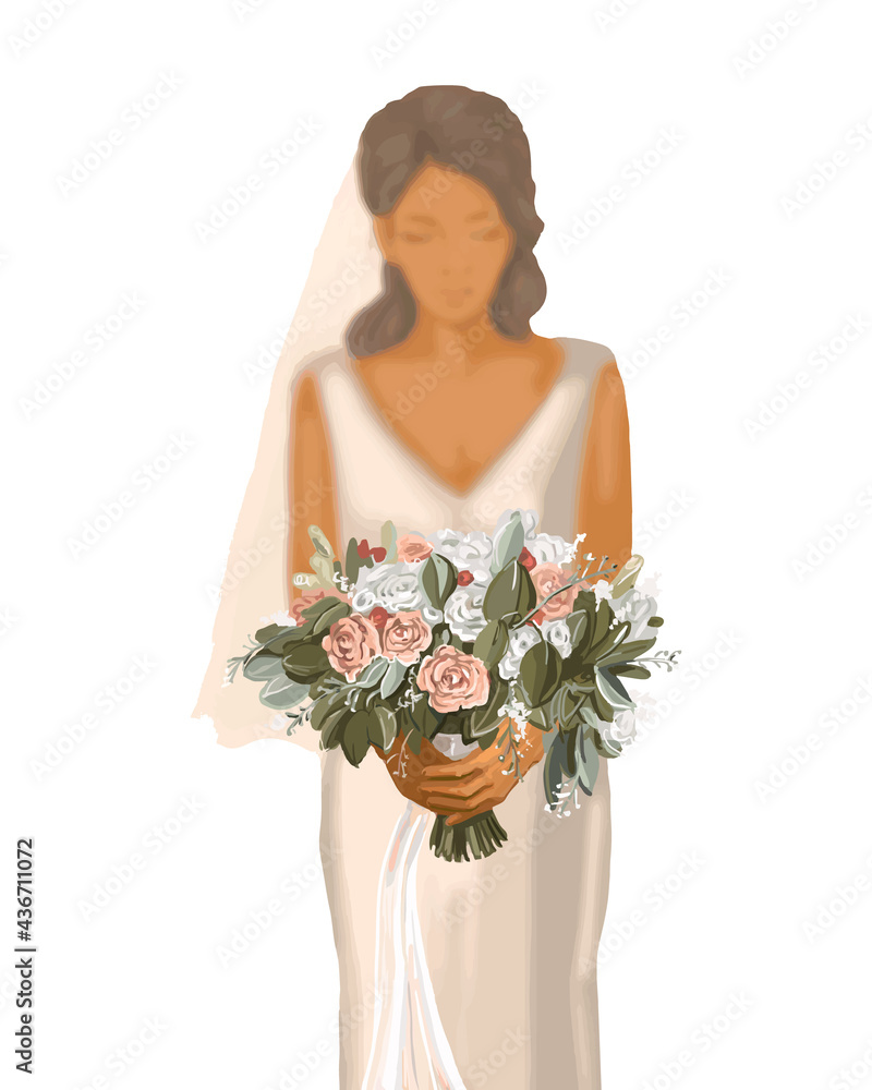 Art sketch of beautiful young bride with the bride's bouquet. Art sketch of beautiful young bride with the bride's bouquet.