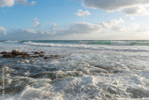  Daytime seascape of the Mediterranean Sea on the coast of Israel near Haifa. 