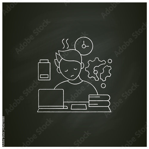 Fatigue chalk icon.Tired person. Too many tasks. Work overload. Need rest. Procrastination concept. Isolated vector illustration on chalkboard