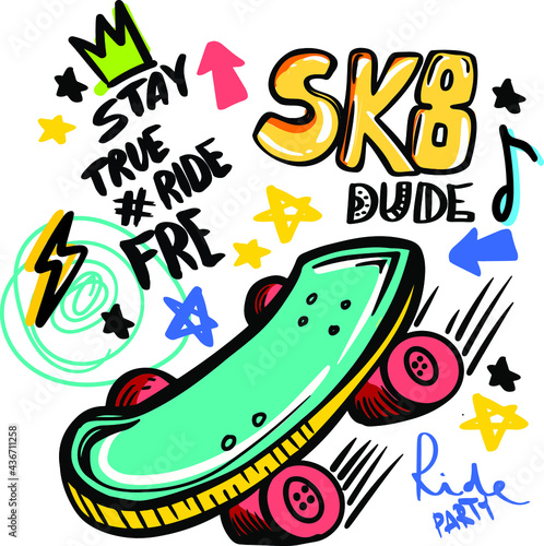 Typography hand drawn skateboard print with slogan - Born to skate. bright print for prints, clothes, t shirt, child or wrapping  paper. Creative kids original design 
