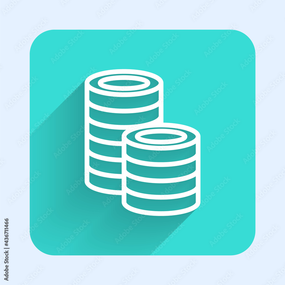 White line Casino chips icon isolated with long shadow. Casino gambling. Green square button. Vector White line Casino chips icon isolated with long shadow. Casino gambling. Green square button. Vector