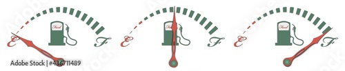Retro style fuel meter set indicating empty, half, full tank.  Vintage gas level illustration isolated on white, use in transportation, vintage car poster, car consumption design, retro car projects.
