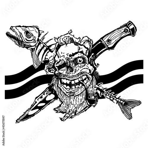 Eerie logo of bearded filibuster with smoking pipe. Vector illustration