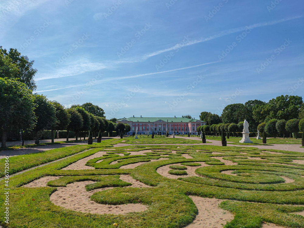 Landscape view of the regular French park with statues and The Palace in Kuskovo Manor.