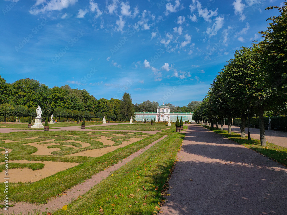 Landscape view of the regular French park with statues and the Orangerie in Kuskovo Manor.
