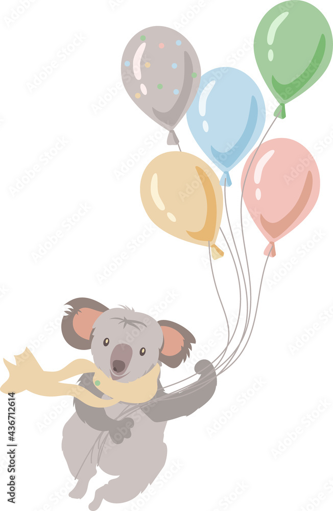 Childish nursery illustration of a happy koala bear flying with a developing scarf on a bouquet of balloons to a fairyland