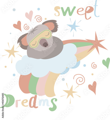 Baby illustration of a koala on a cloud sleeping in a sleep mask. nursery