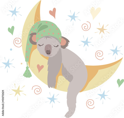 Vector children's nursery illustration koala bear sleeping on the moon in a merry cap in the sky among the stars.
