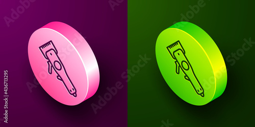 Isometric line Electrical hair clipper or shaver icon isolated on purple and green background. Barbershop symbol. Circle button. Vector