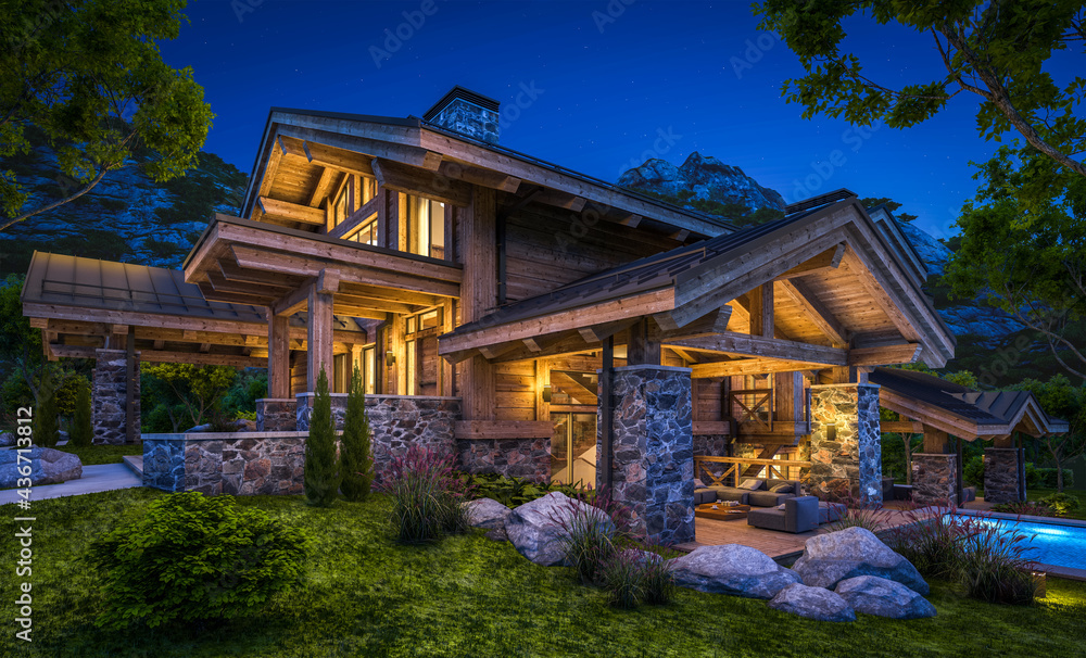 3d rendering of modern cozy chalet with pool and parking for sale or rent.  Massive timber beams columns. Beautiful forest mountains on background. Clear summer night with many stars on the sky.